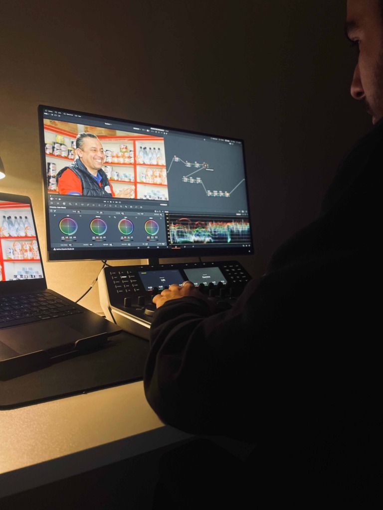 Session d'étalonnage couleur sur console DaVinci Resolve au studio SmartFilms Prod pour un film institutionnel corporate